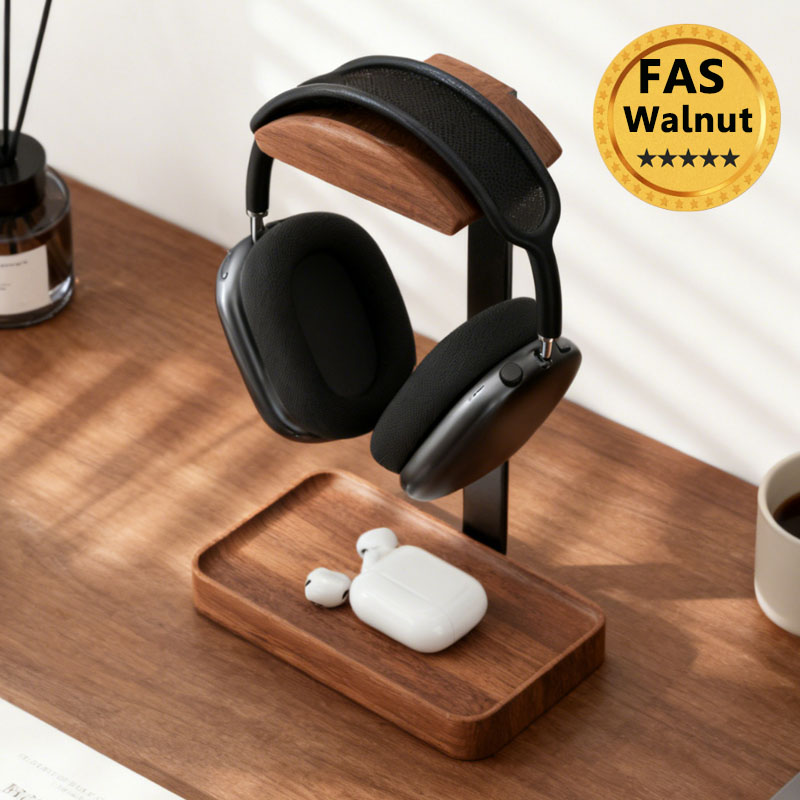Desk Setup Wood - 단단한 나무 헤드폰 스탠드 블랙 월넛+알루미늄