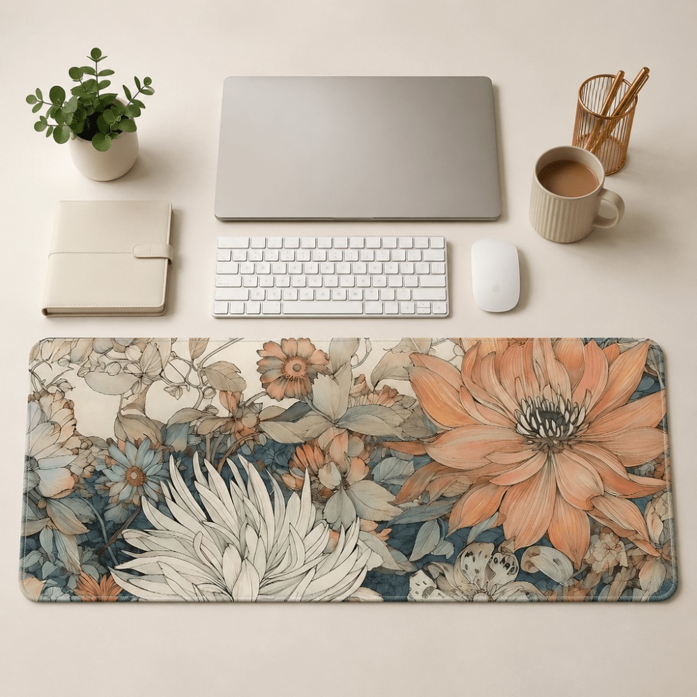 Desk Setup For Work - 복고풍 꽃무늬 테이블 매트, 식물과 꽃