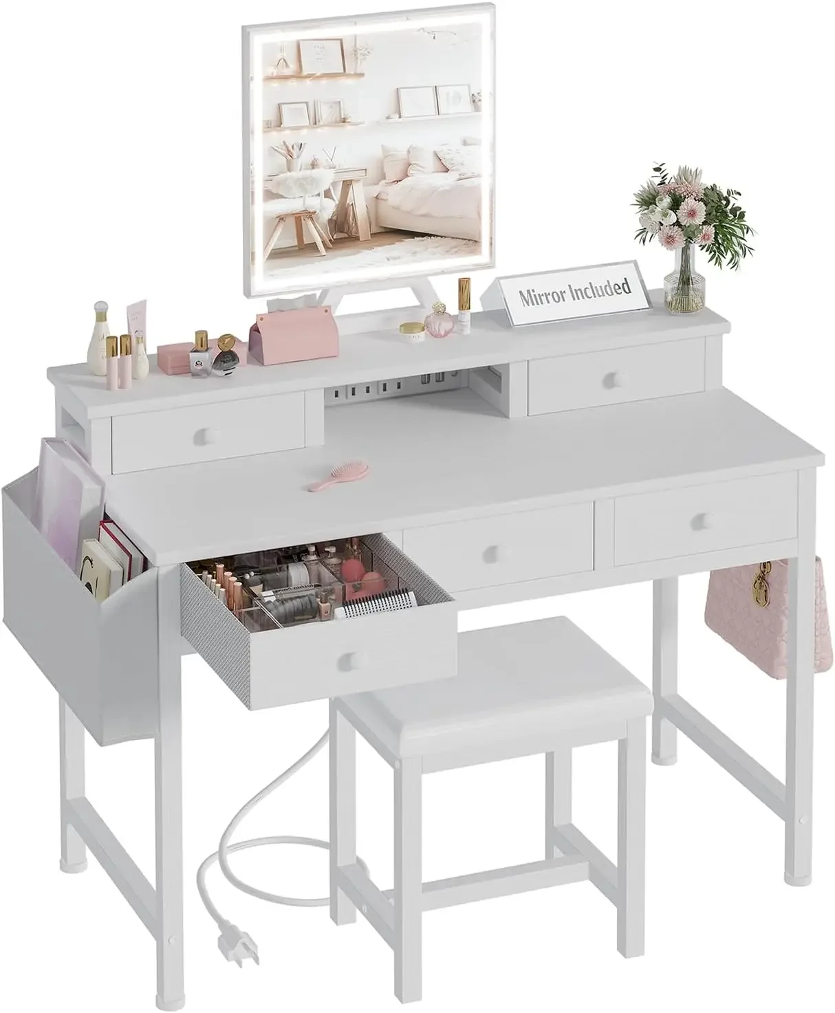 Desk Vanity Setup - 흰색 화장대 세트(거울, 조명 포함) 40인치,