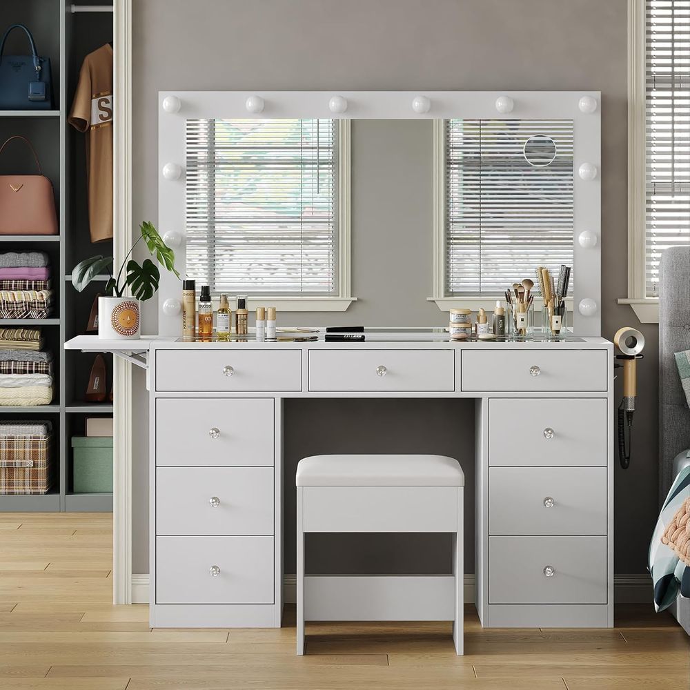 Desk Vanity Setup - 전원 콘센트가 있는 화장대, 9개의 서랍이