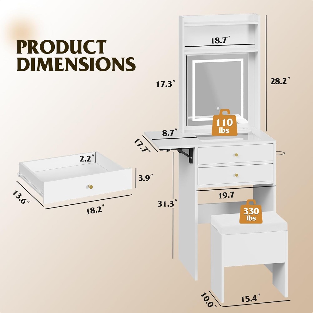 조명 거울과 조절 가능한 조명이 있는 작은 흰색 화장대 - Desk Vanity Setup 리뷰 및 가격