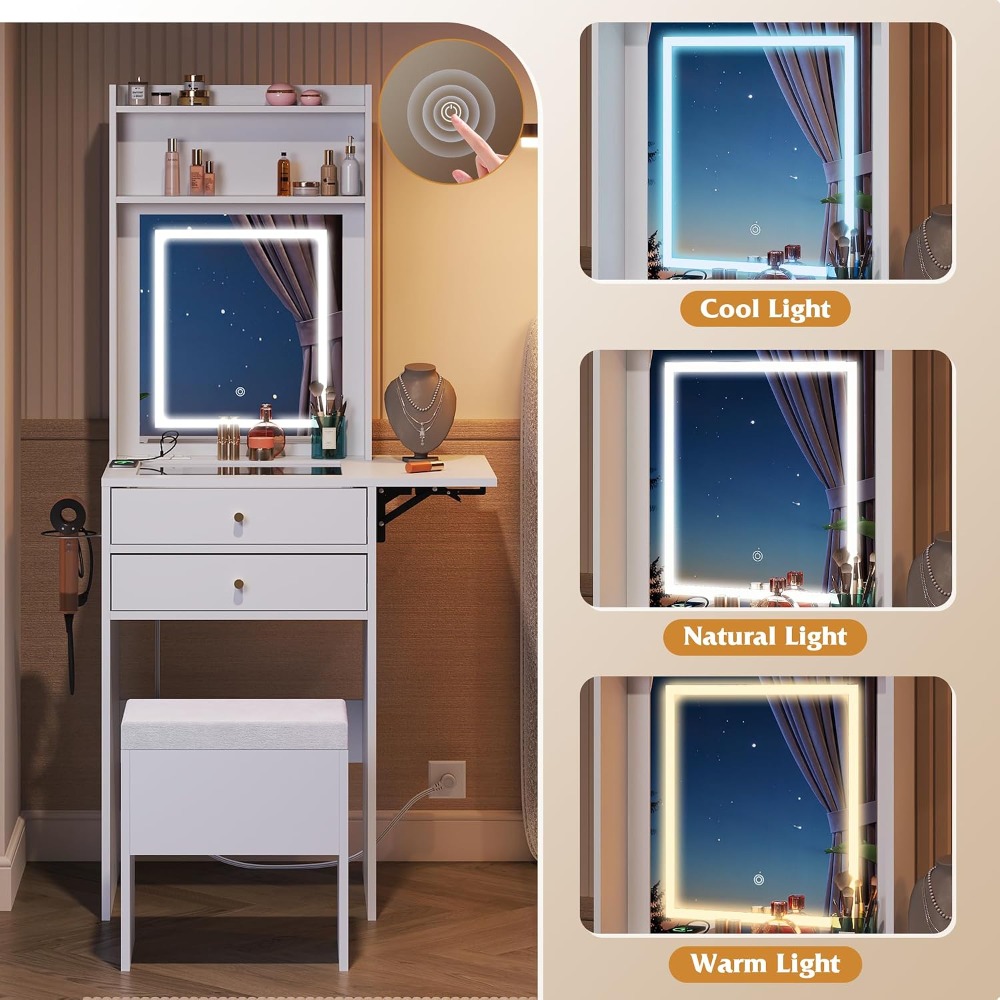 조명 거울과 조절 가능한 조명이 있는 작은 흰색 화장대 - Desk Vanity Setup 리뷰 및 가격