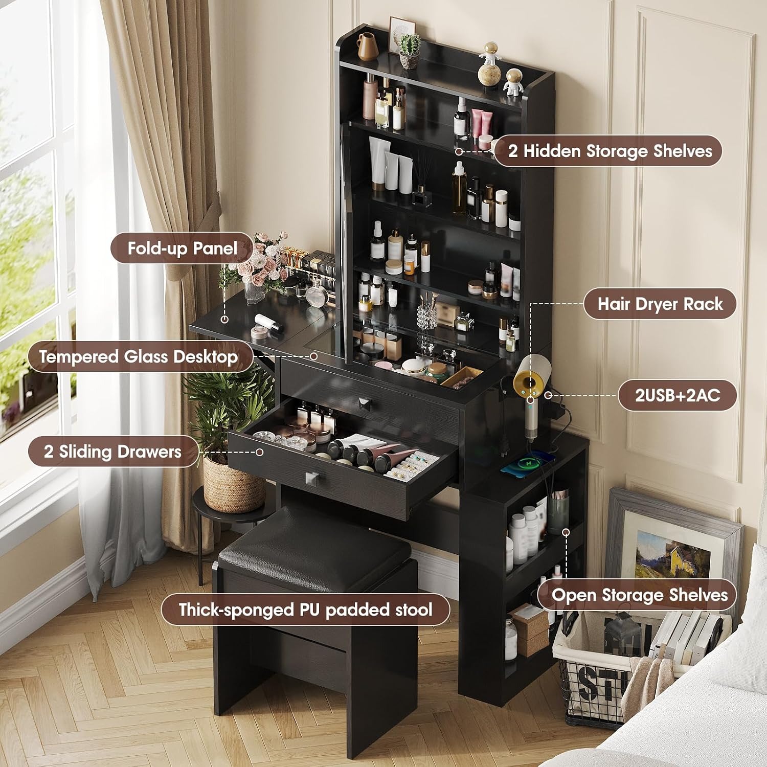 접이식 패널이 있는 소형 화장대, 블랙 화장대 세트 | - Desk Vanity Setup 리뷰 및 가격