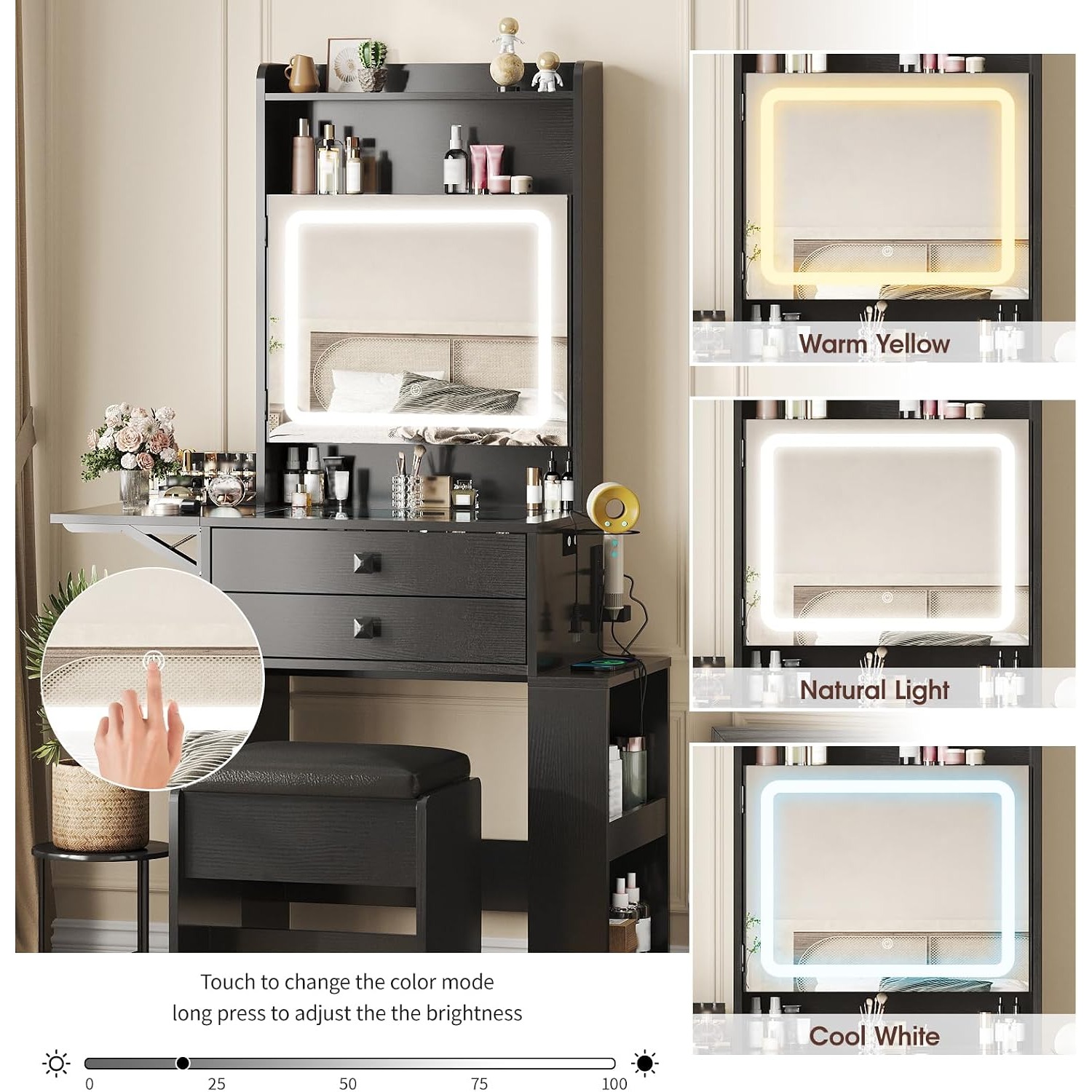 접이식 패널이 있는 소형 화장대, 블랙 화장대 세트 | - Desk Vanity Setup 리뷰 및 가격