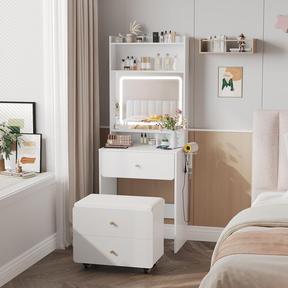 거울과 조명이 있는 화장대, 수납 의자가 있는 작은 화 - Desk Vanity Setup 리뷰 및 가격