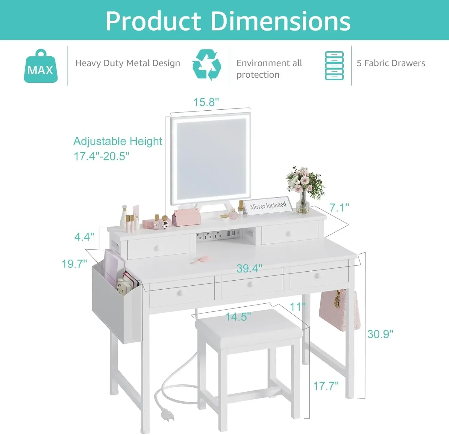 흰색 화장대 세트(거울, 조명 포함) 40인치, 소녀용 - Desk Vanity Setup 리뷰 및 가격